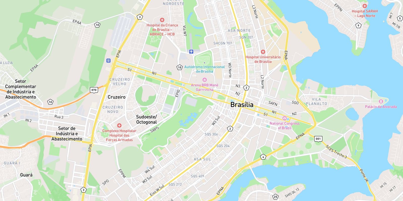 Mapa de Brasília com o Plano Piloto e o Lago Paranoá